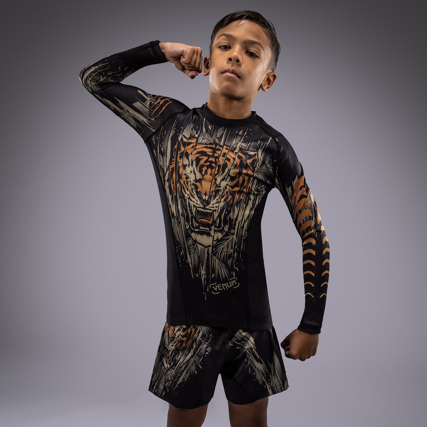 Venum Tiger Kinder Langarm Rashguard - Schwarz/Neon Orange