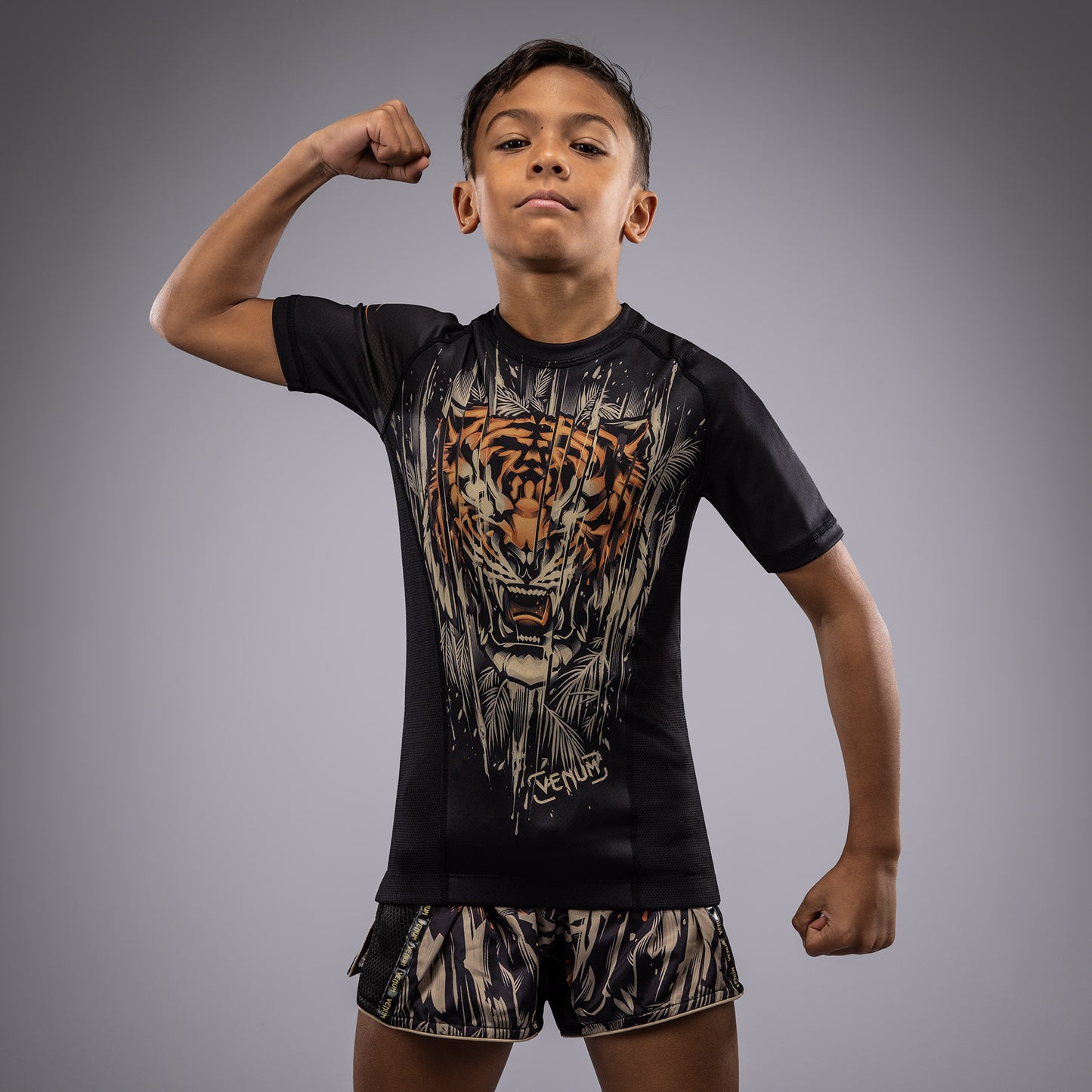 Venum Tiger Kinder Kurzarm Rashguard - Schwarz/Neon Orange