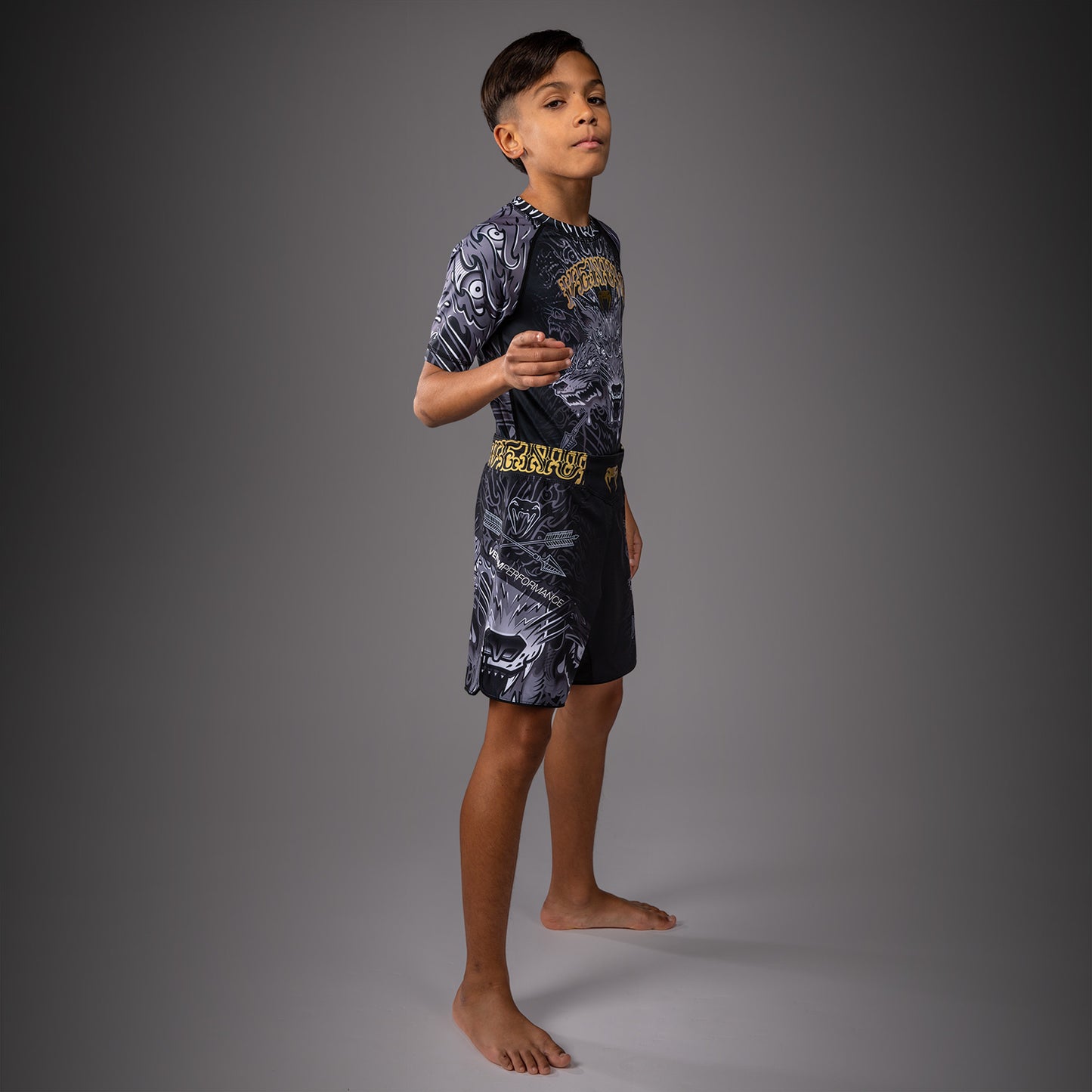 Venum Wolf Atak Kinder Kurzarm Rashguard – Schwarz/Grau
