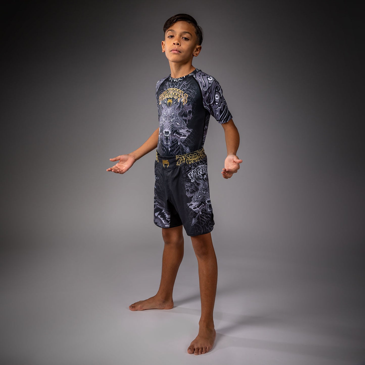 Venum Wolf Atak Kinder Fightshorts – Schwarz/Grau
