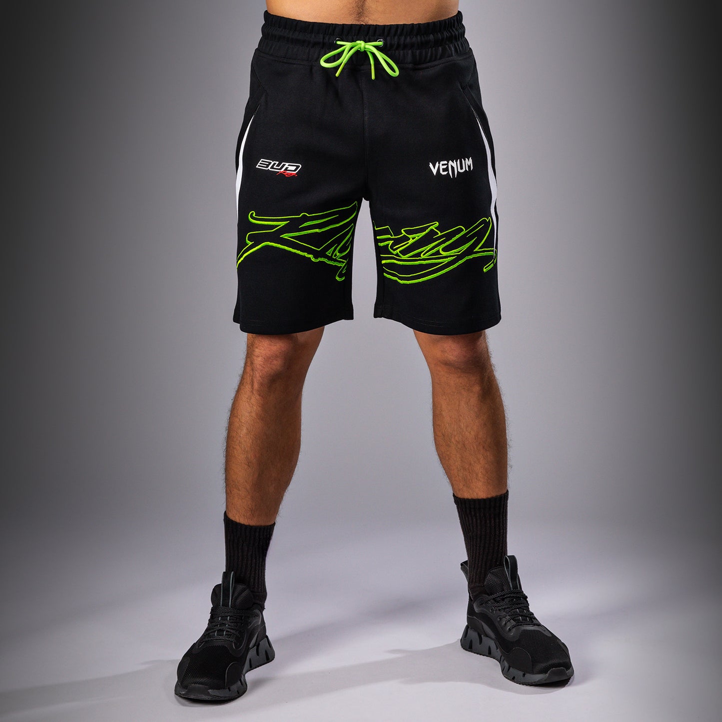 Venum x Bud Racing Herren Baumwoll-Shorts - Schwarz/Weiß/Limettengrün