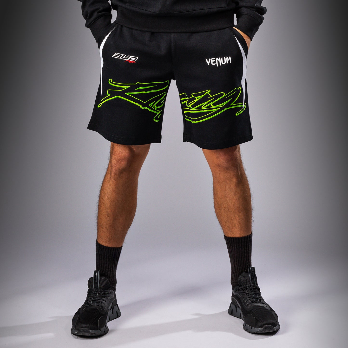 Venum x Bud Racing Herren Baumwoll-Shorts - Schwarz/Weiß/Limettengrün
