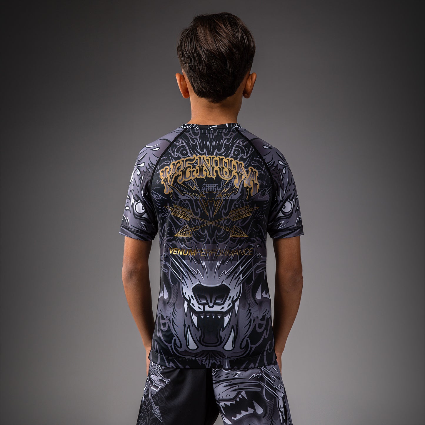Venum Wolf Atak Kinder Kurzarm Rashguard – Schwarz/Grau