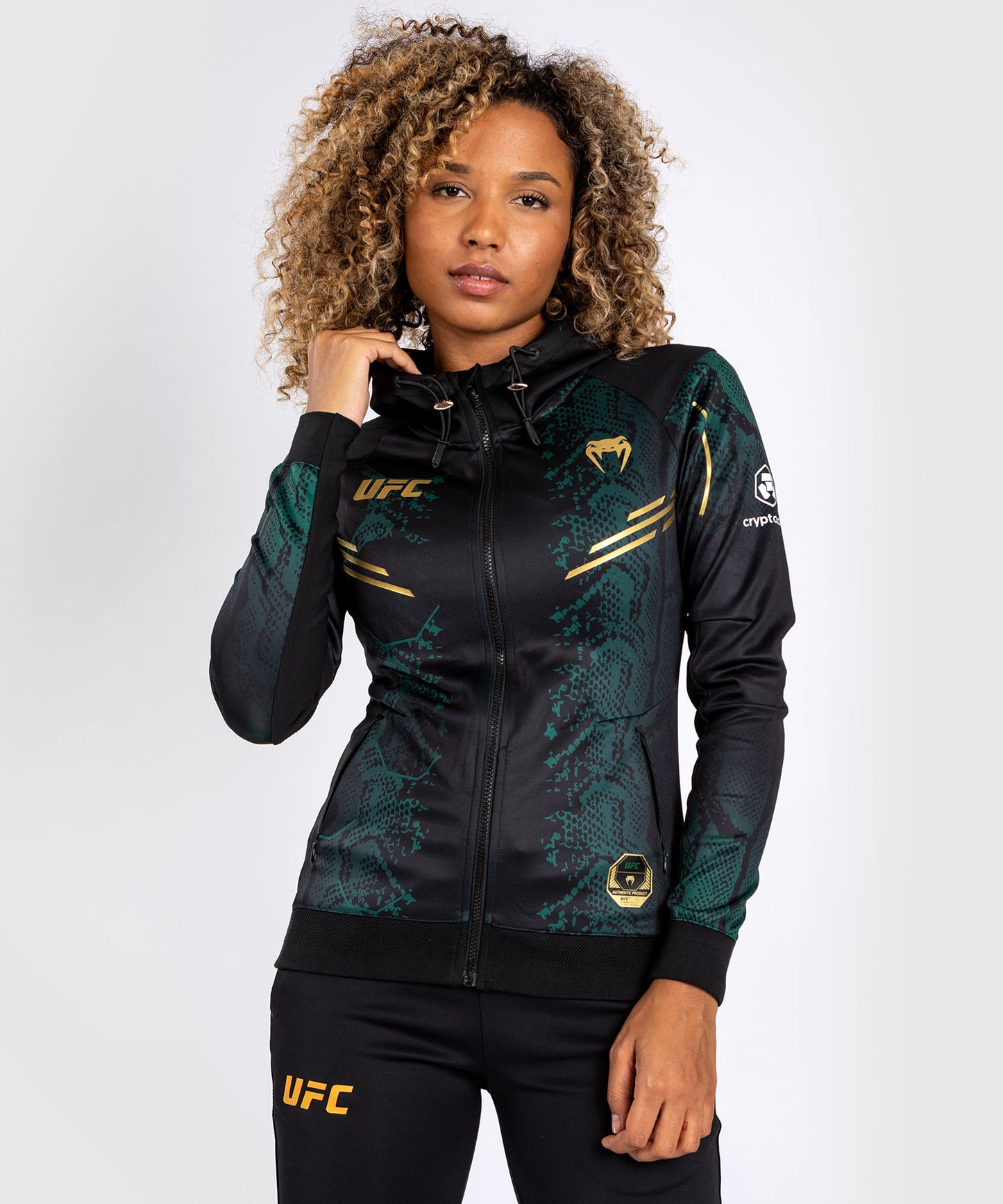 UFC Adrenaline by Venum Authentic Fight Night Walkout-Hoodie für Frauen - Emerald Edition - Grün/Schwarz/Gold