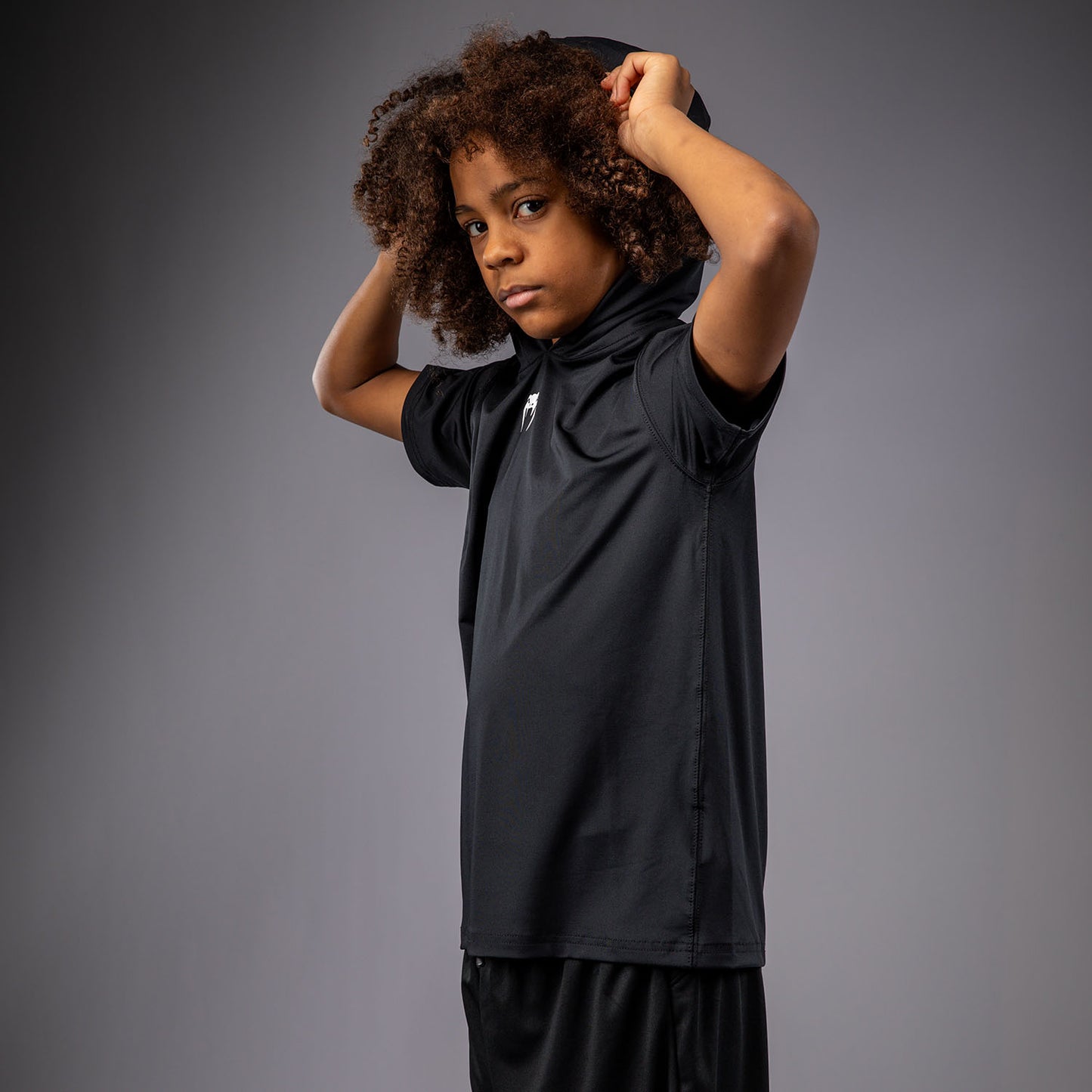 Venum Elite Kurzarm Dry-Tech Kapuzenpullover für Kinder - Schwarz