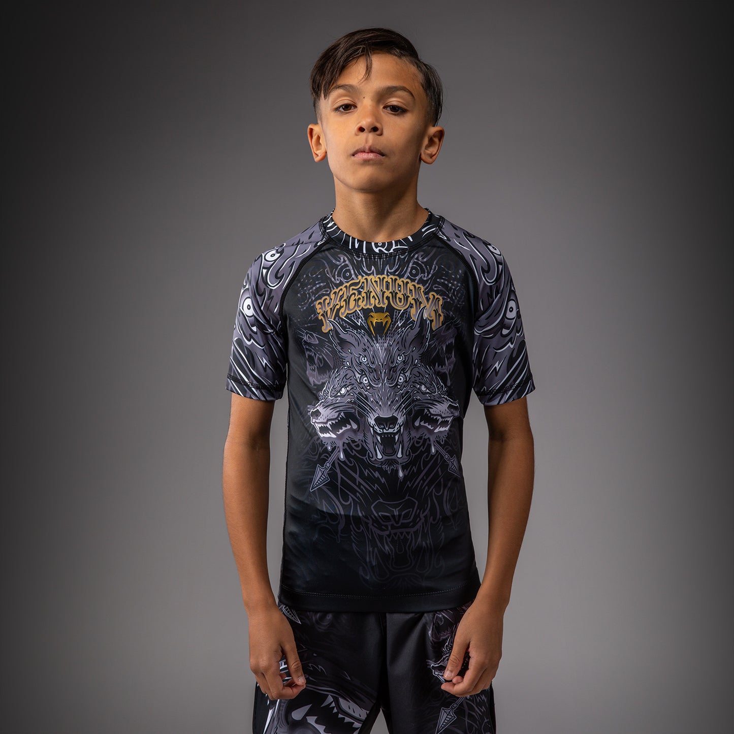 Venum Wolf Atak Kinder Kurzarm Rashguard – Schwarz/Grau