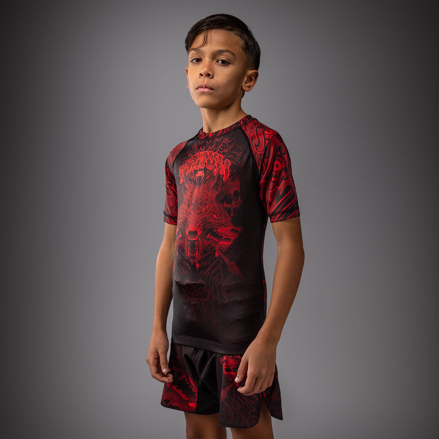 Venum Wolf Atak Kinder Kurzarm Rashguard – Schwarz/Rot