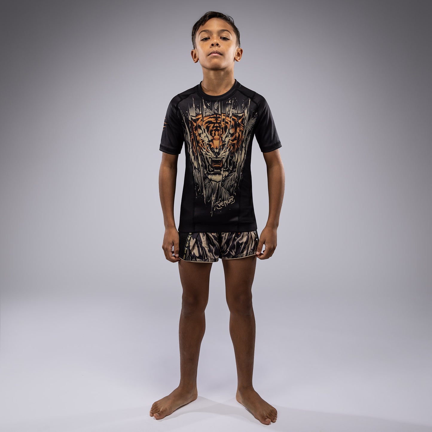 Venum Tiger Kinder Kurzarm Rashguard - Schwarz/Neon Orange