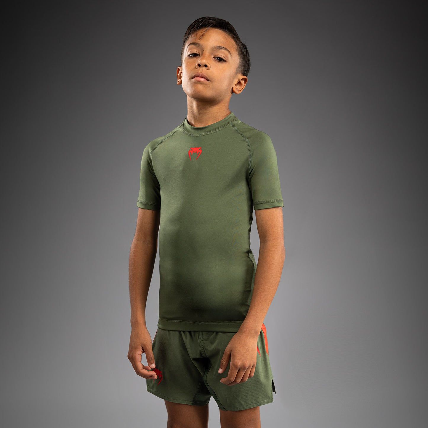 Venum Contender Kinder Rashguards Kurze Ärmel - Armeegrün/Orange