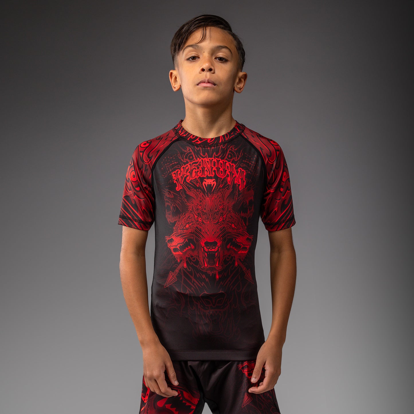 Venum Wolf Atak Kinder Kurzarm Rashguard – Schwarz/Rot