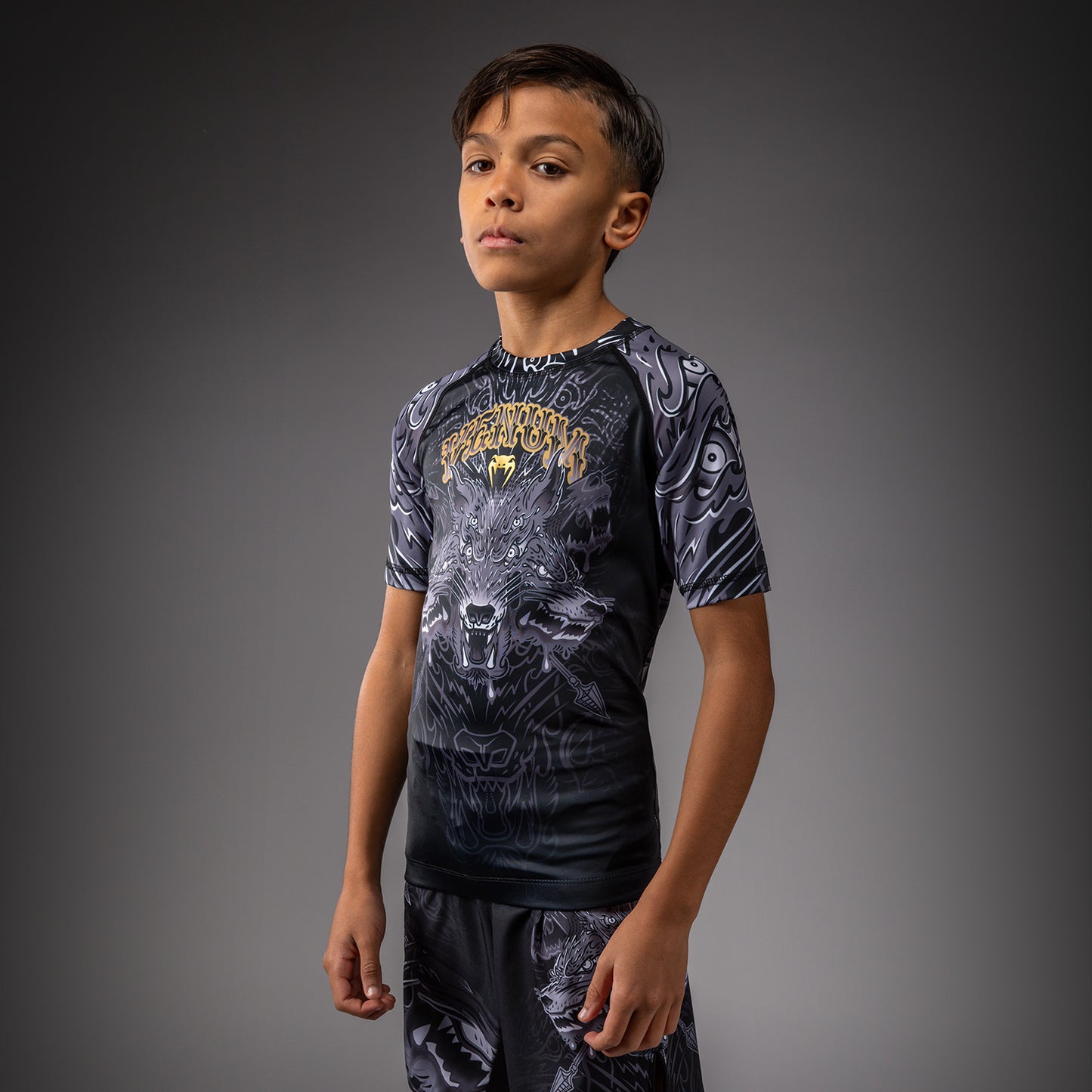 Venum Wolf Atak Kinder Kurzarm Rashguard – Schwarz/Grau