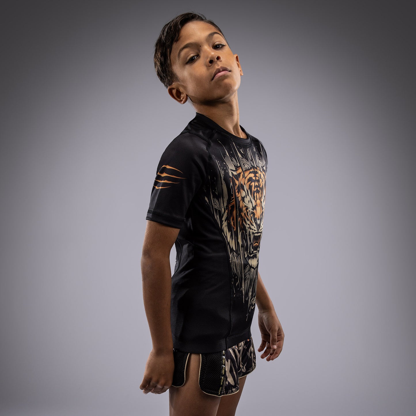 Venum Tiger Kinder Kurzarm Rashguard - Schwarz/Neon Orange
