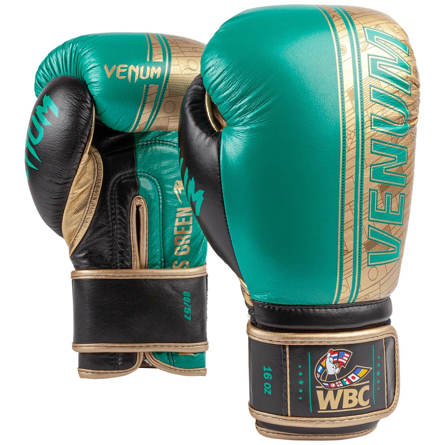 Venum Shield professionelle Boxhandschuhe - WBC limitierte Auflage - Klettverschluss - Metallicgrün/Gold